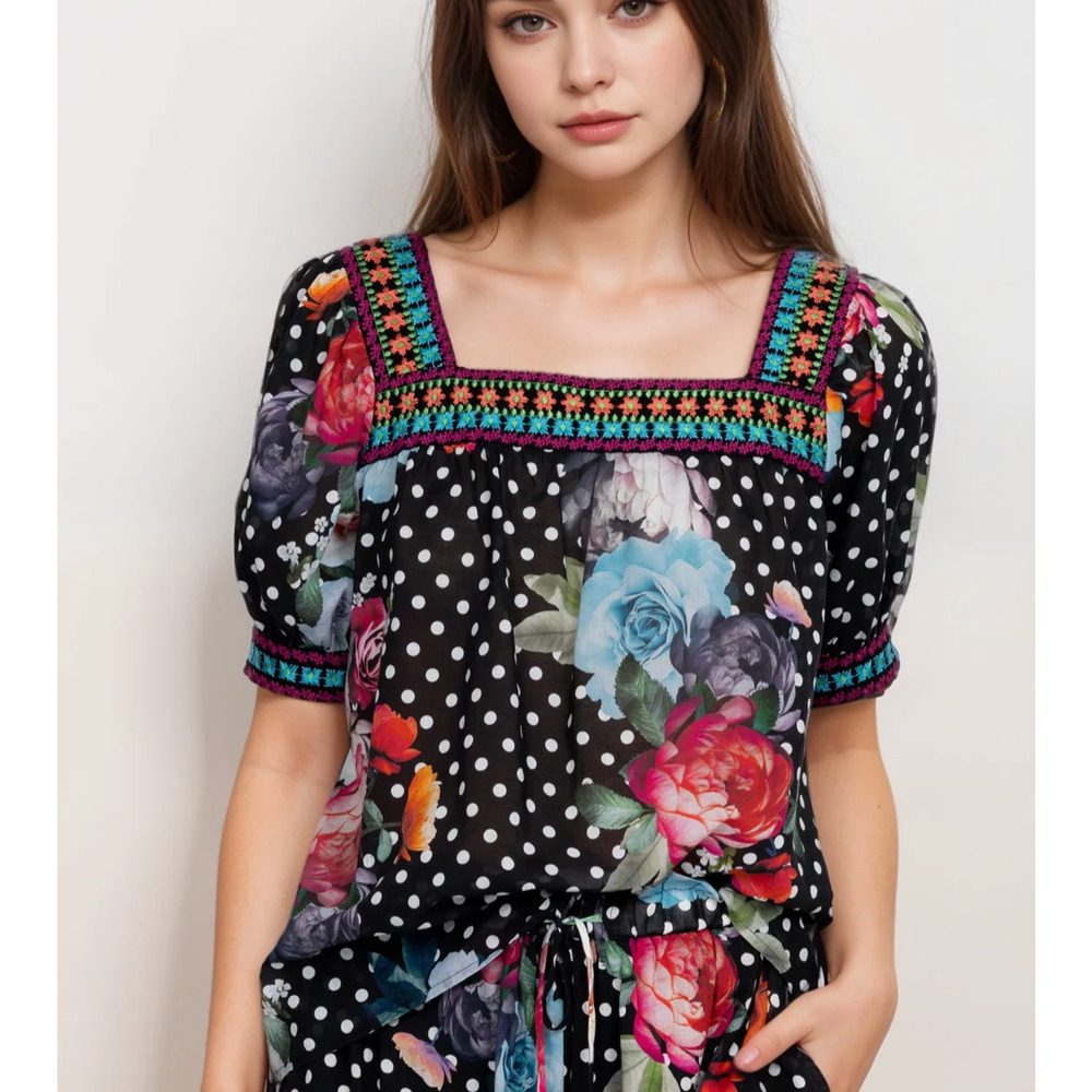 Johnny Was Womens Floral Short Sleeve Top Boho Embroidered Square Neck Garden XS